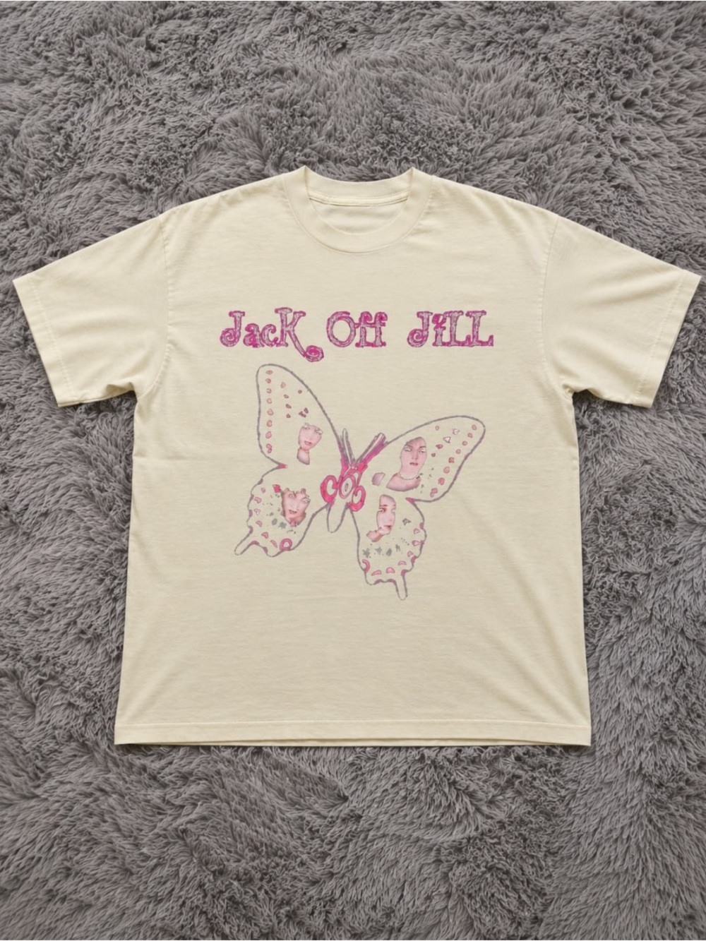 Gildan Cream Tee with Pink Butterfly Graphic